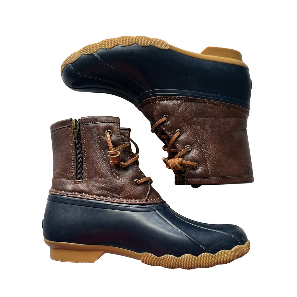 Sperry Girls Saltwater Duck Boots Navy Brown Side Zip YG55203 Size 5M